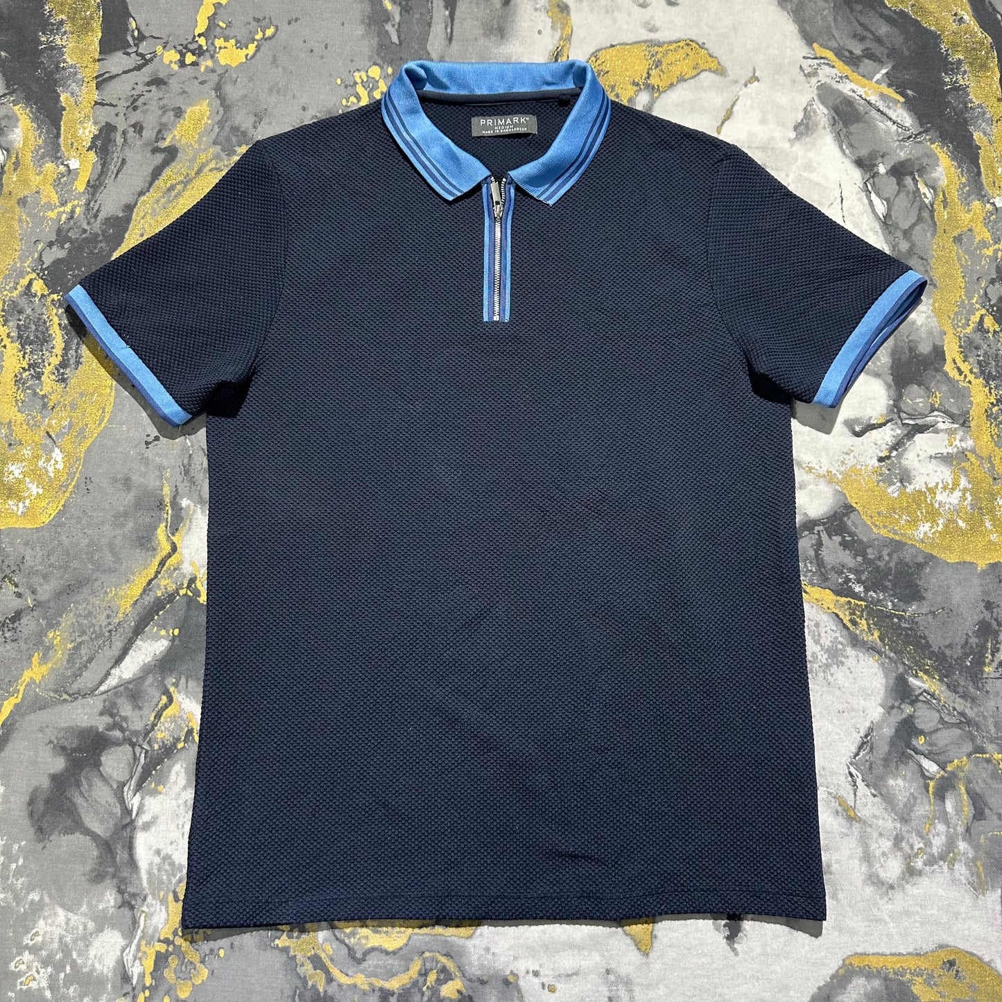 Primark Dark Blue Waffle Knit Zipper Polo