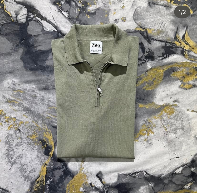 ZARA Olive Green Zipper Polo