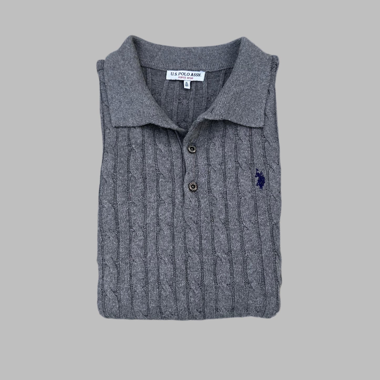 Large Gray U.S. Polo Association Cable Knit Collar Sweater