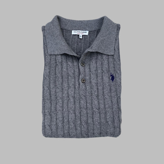 Large Gray U.S. Polo Association Cable Knit Collar Sweater