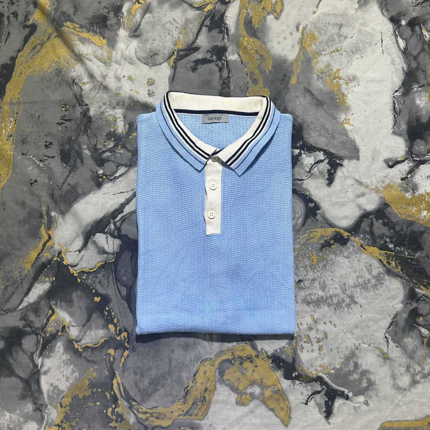 Sky Blue & White Waffle knit Textured Knit Polo