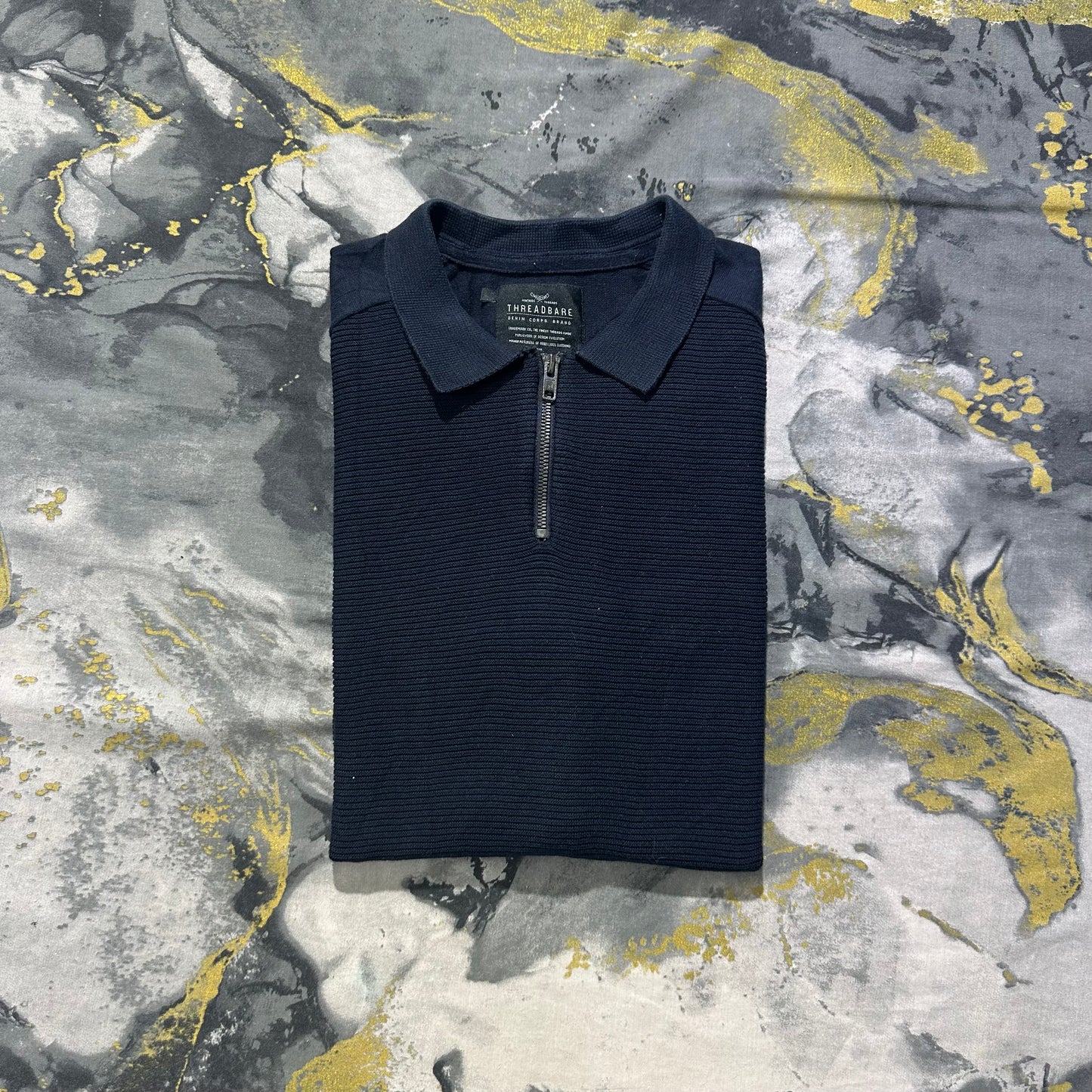 Threadbare Dark Blue Patterned Knitted Zipper Polo