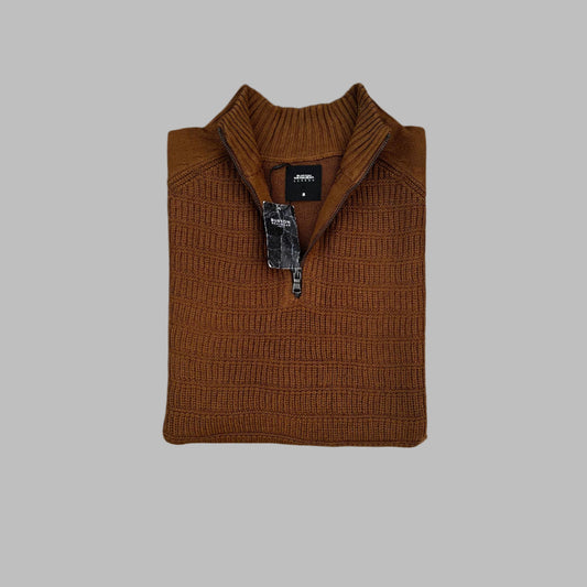 Brown Full Sleeves Knitted Half Zipper