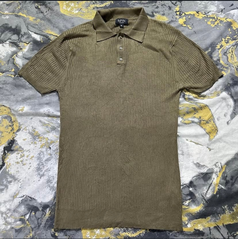 Olive Stripped Patterened Knitted Polo