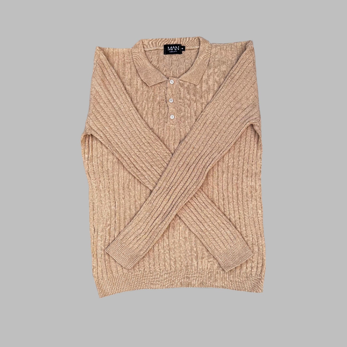 Camel Beige Full Sleeves Knitted Polo