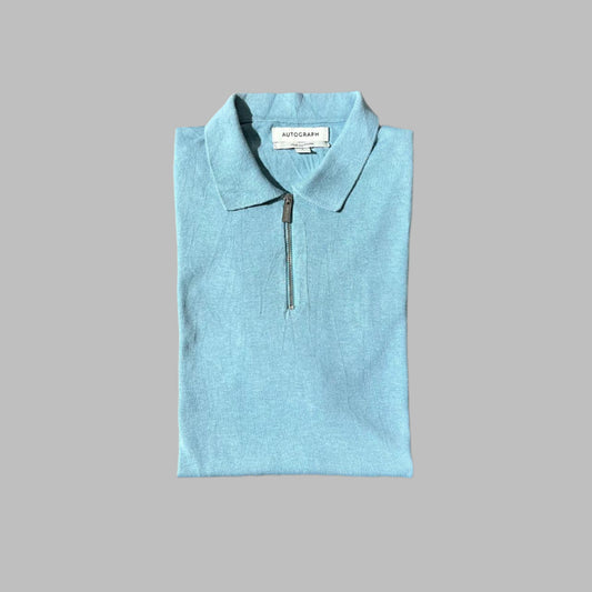Sky Blue Zipper Half Sleeves Knitted Polo