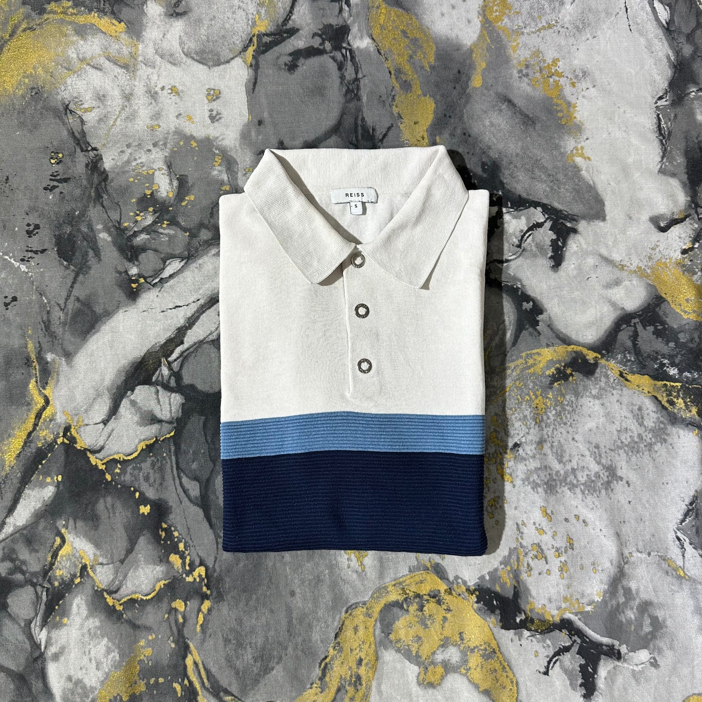 Two Toned White and Blue Knitted Polo