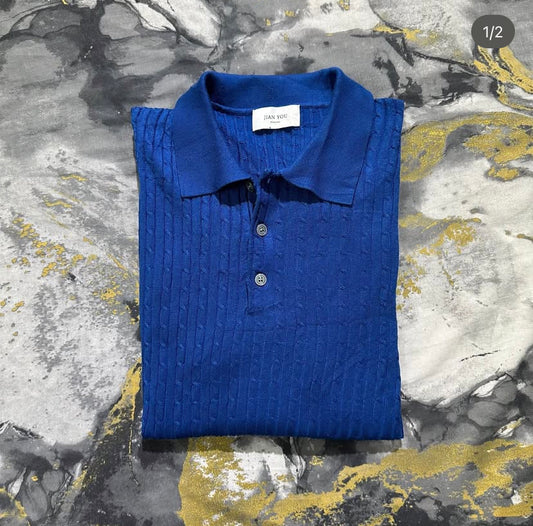 Royal Blue Cable Knit Buttoned Half Sleeves Knitted Polo