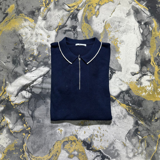 2XL Dark Blue Patterned Knitted Zipper Polo