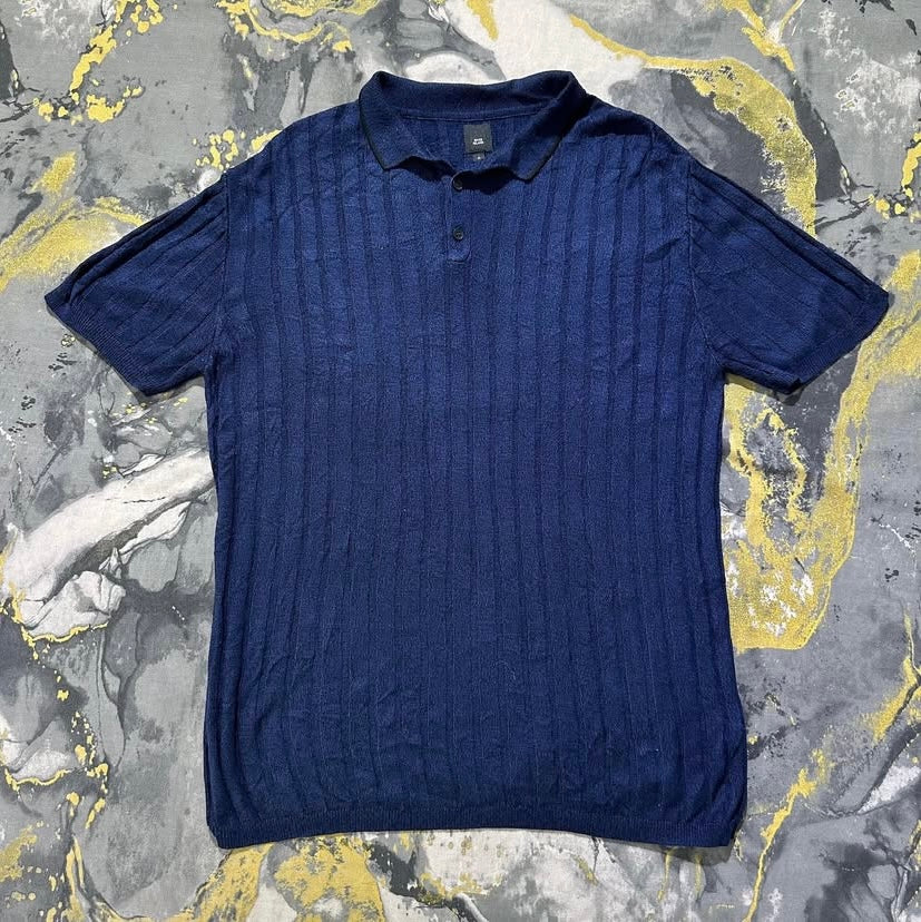 Navy-Blue Ribbed Silk Cotton Knitted Polo