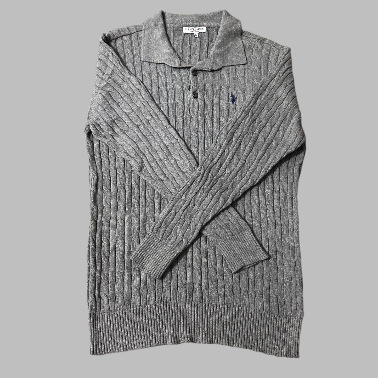 Gray Cable Knit Full Sleeves Polo