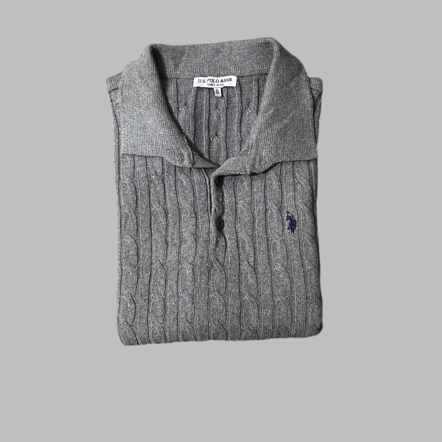 Gray Cable Knit Full Sleeves Polo