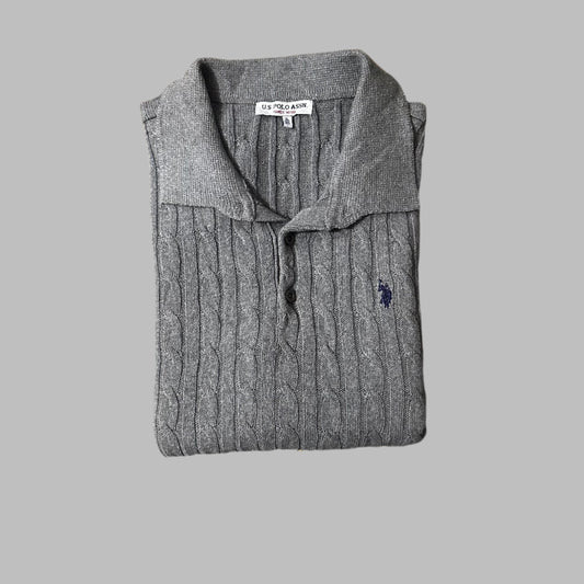 Gray Cable Knit Full Sleeves Polo