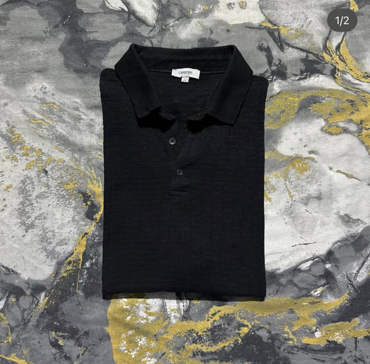 Jet Black Square Knitted Textured Patterned Polo