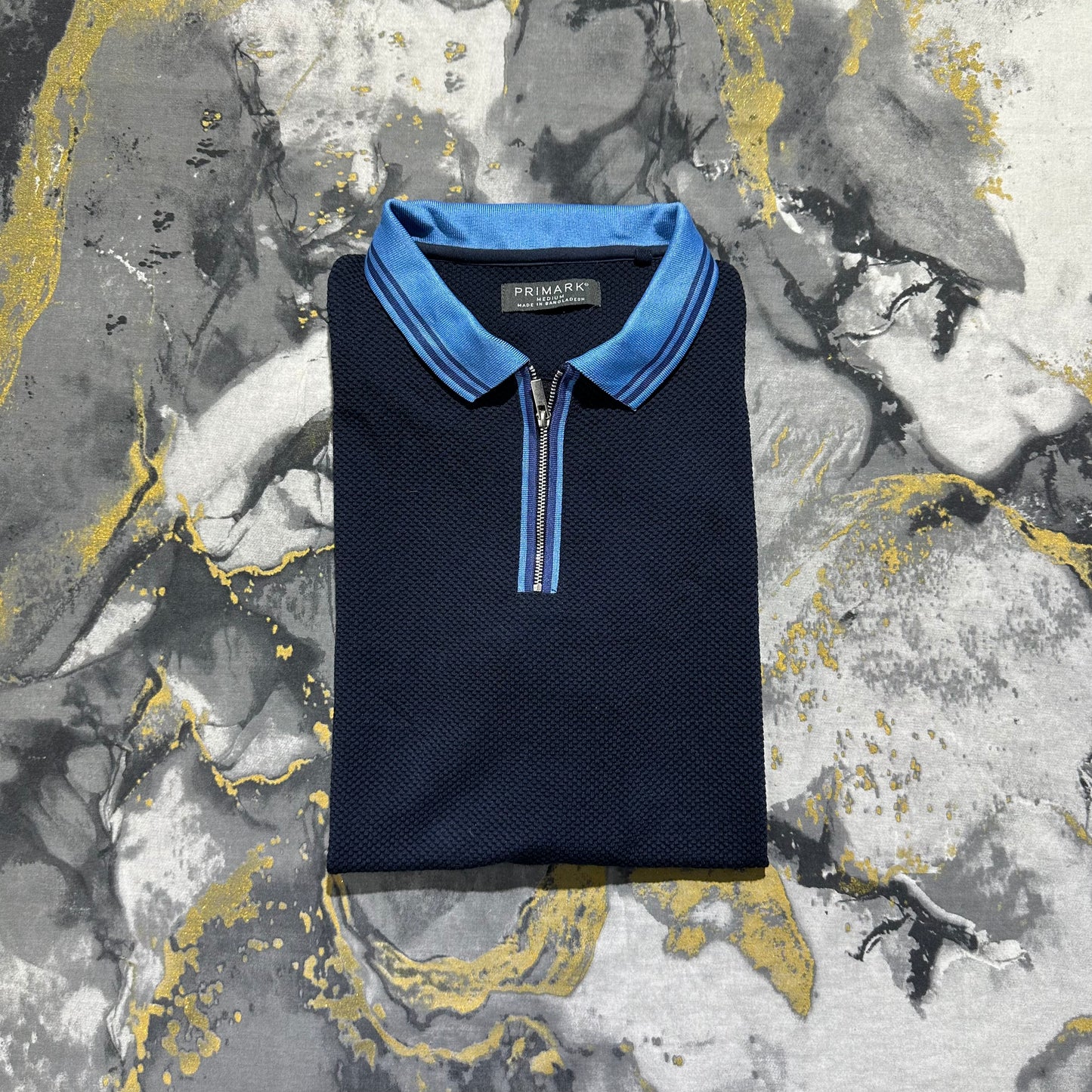 Primark Dark Blue Waffle Knit Zipper Polo