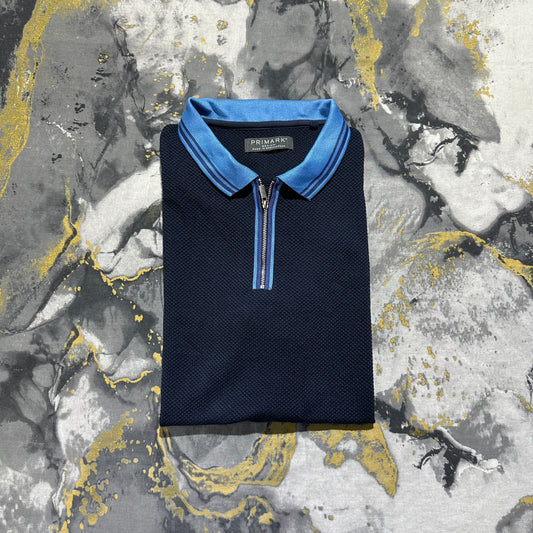 Primark Dark Blue Waffle Knit Zipper Polo