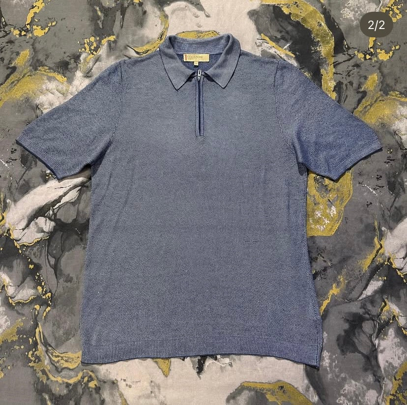 Greyish-Blue Half Zipper Silk Cotton Knitted Zipper Polo