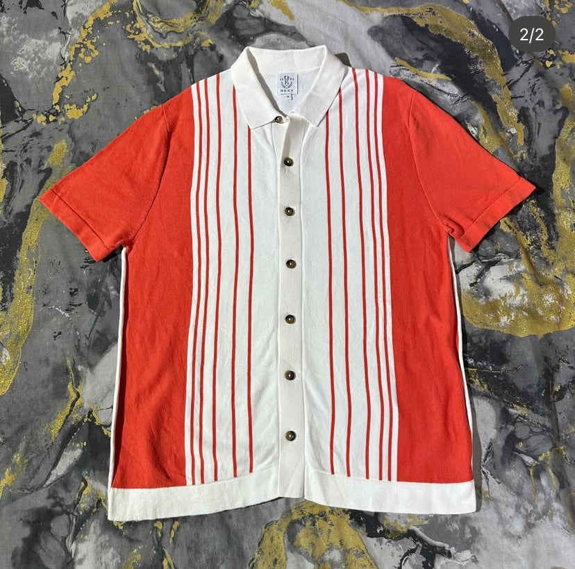 Red-White Striped Button Down Polo