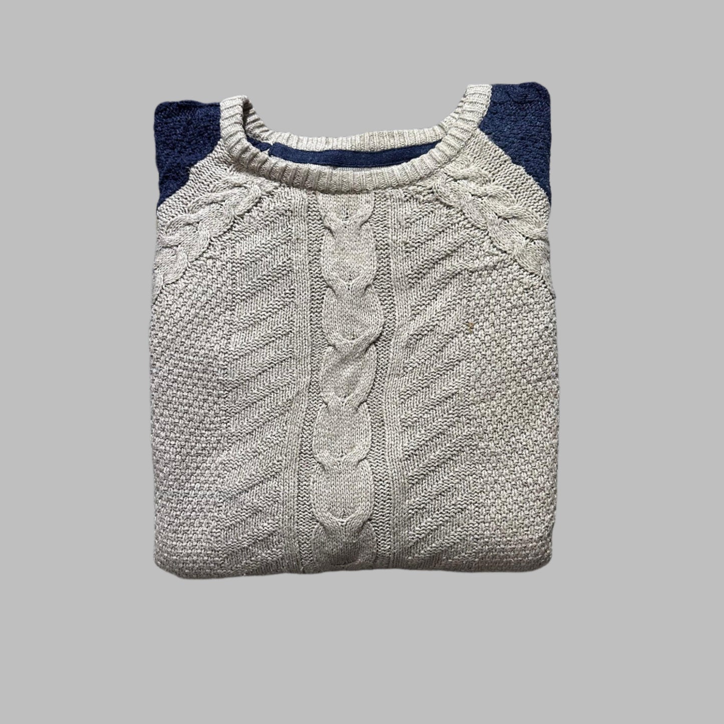 White-Blue Cable Knit Full Sleeves  Sweater