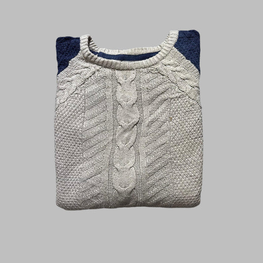 White-Blue Cable Knit Full Sleeves  Sweater