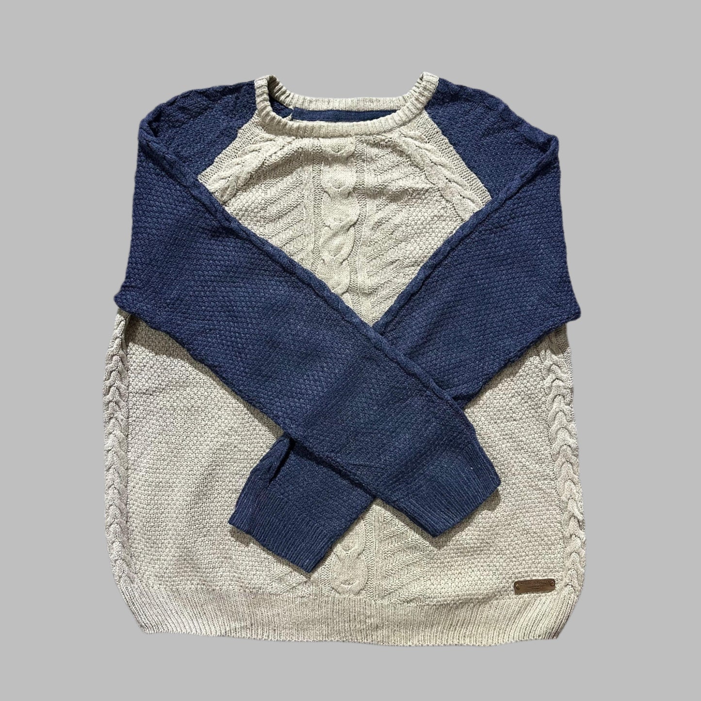 White-Blue Cable Knit Full Sleeves  Sweater