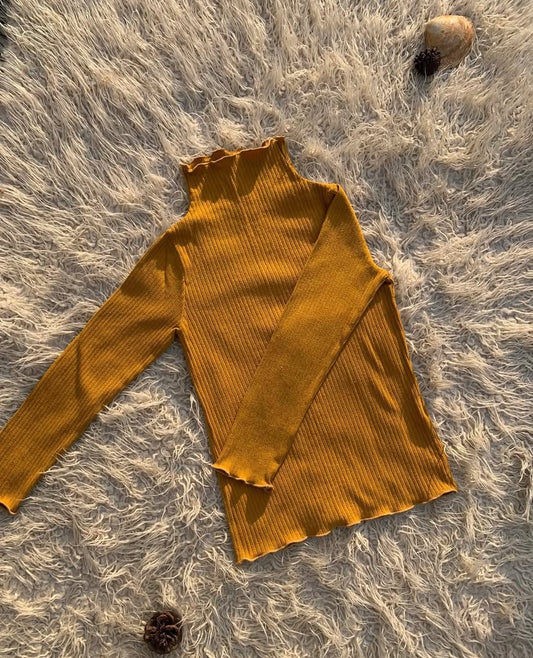 Stretchable Mustard Ribbed Mockneck