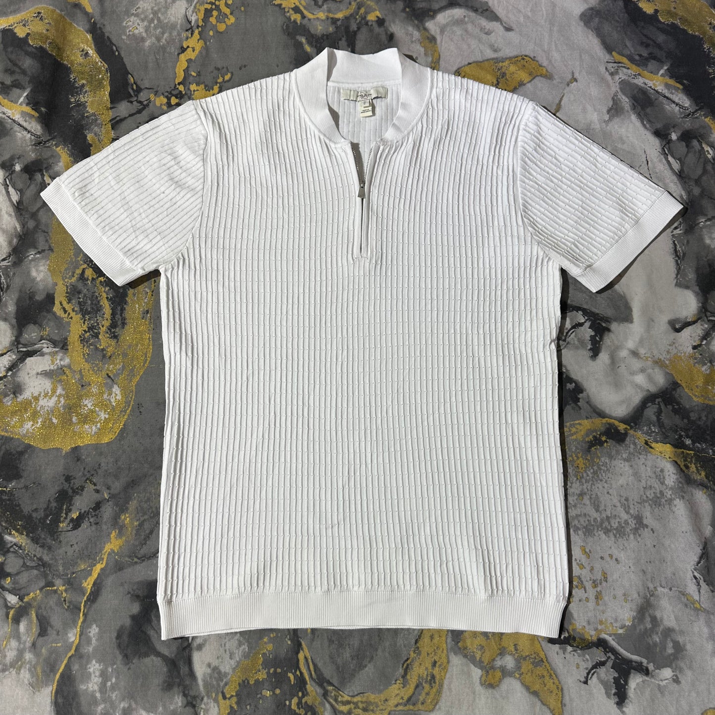 White Textured Stripes Knitted Zipper Polo