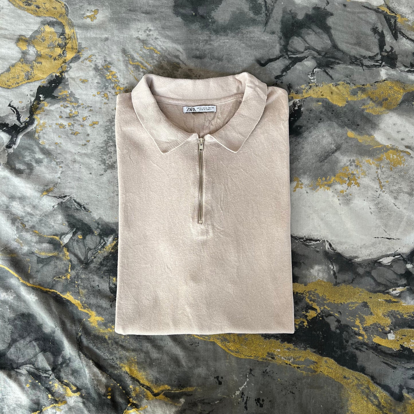 Zara Beige Knitted Zipper Polo