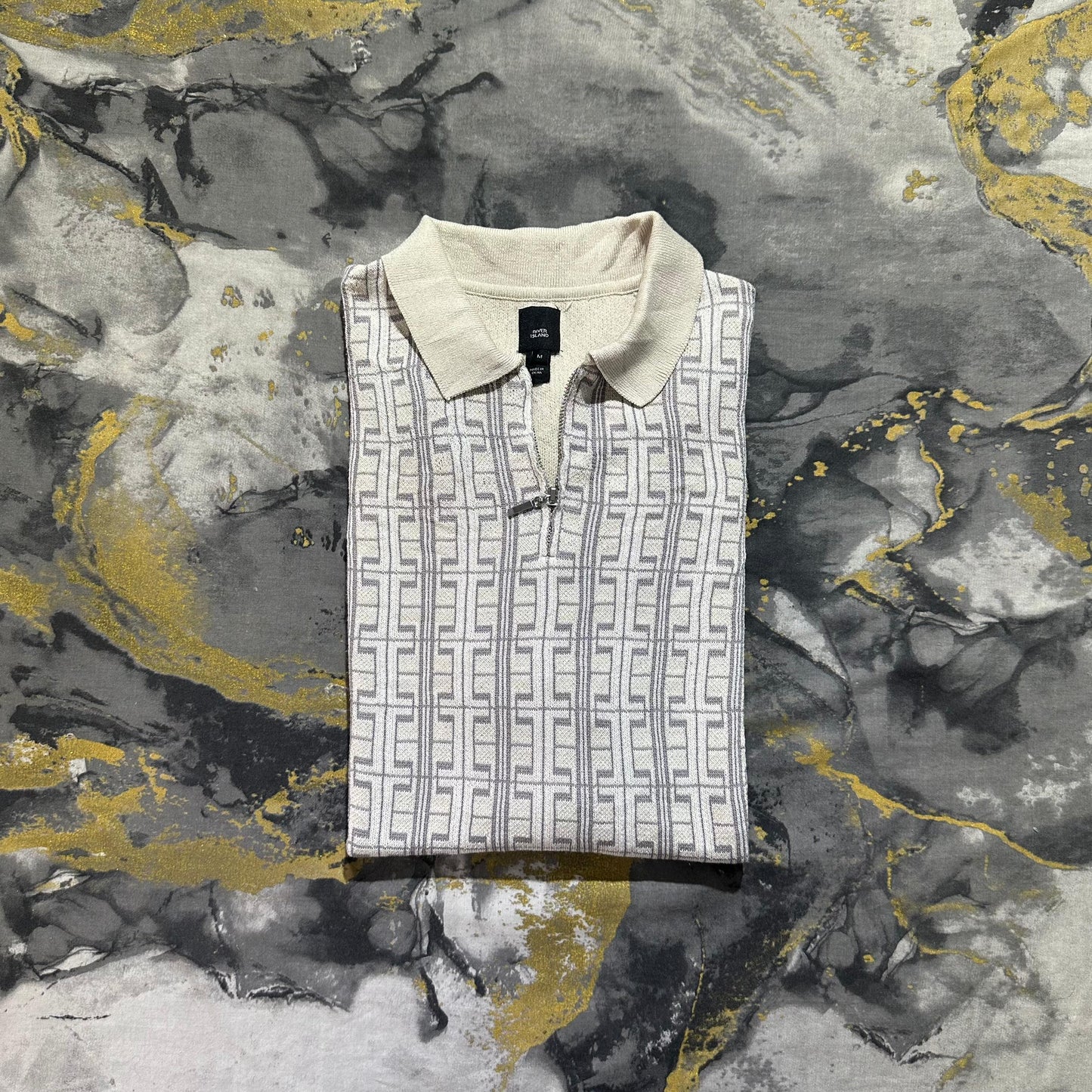 White Patterned Zipper Polo