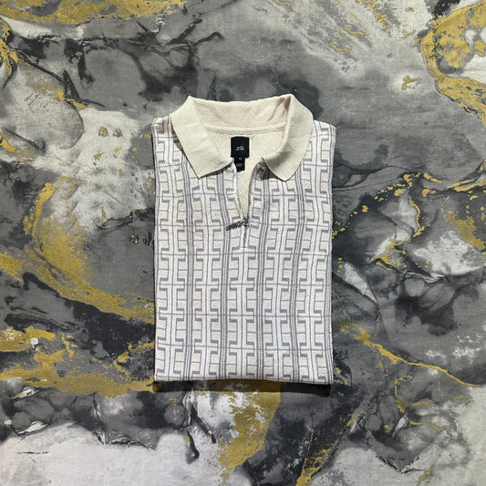 White Patterned Zipper Polo