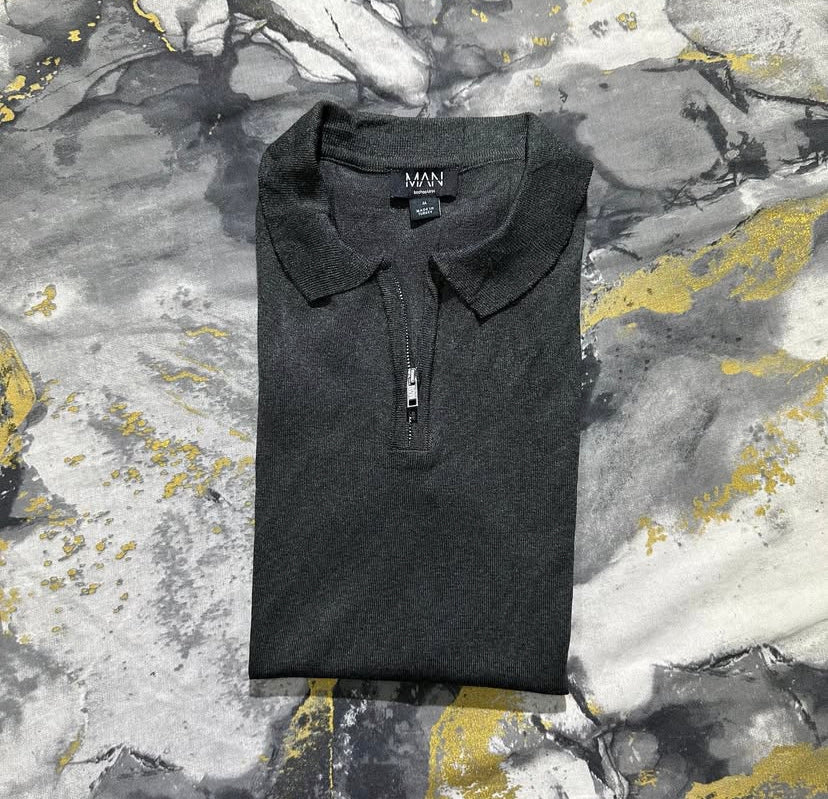 Charcoal Gray Slim Fit  Zipper Polo