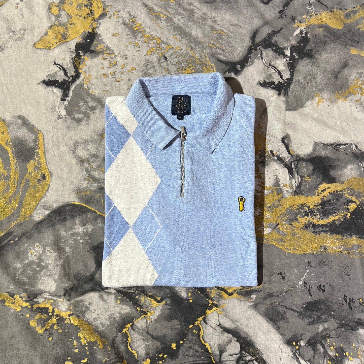 Sky Blue Knit Pattern Zipper Knit Polo
