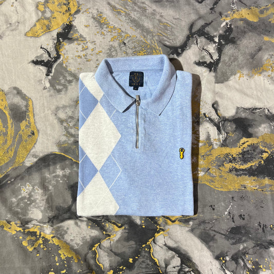 Sky Blue Knit Pattern Zipper Knit Polo