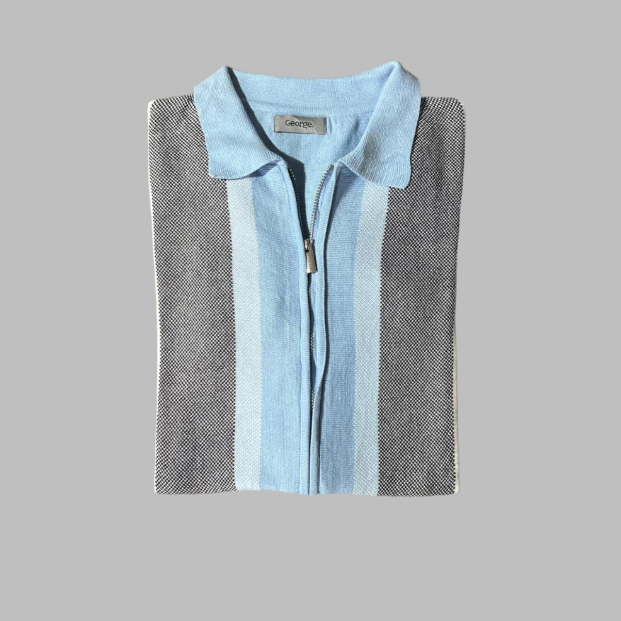Blue Striped Zipper Half Sleeves Polo