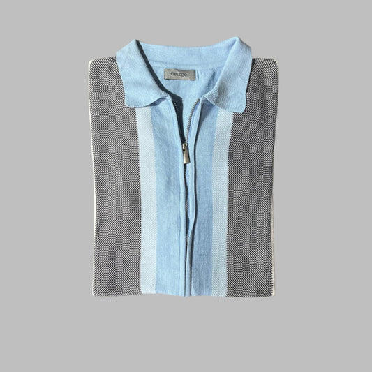 Blue Striped Zipper Half Sleeves Polo
