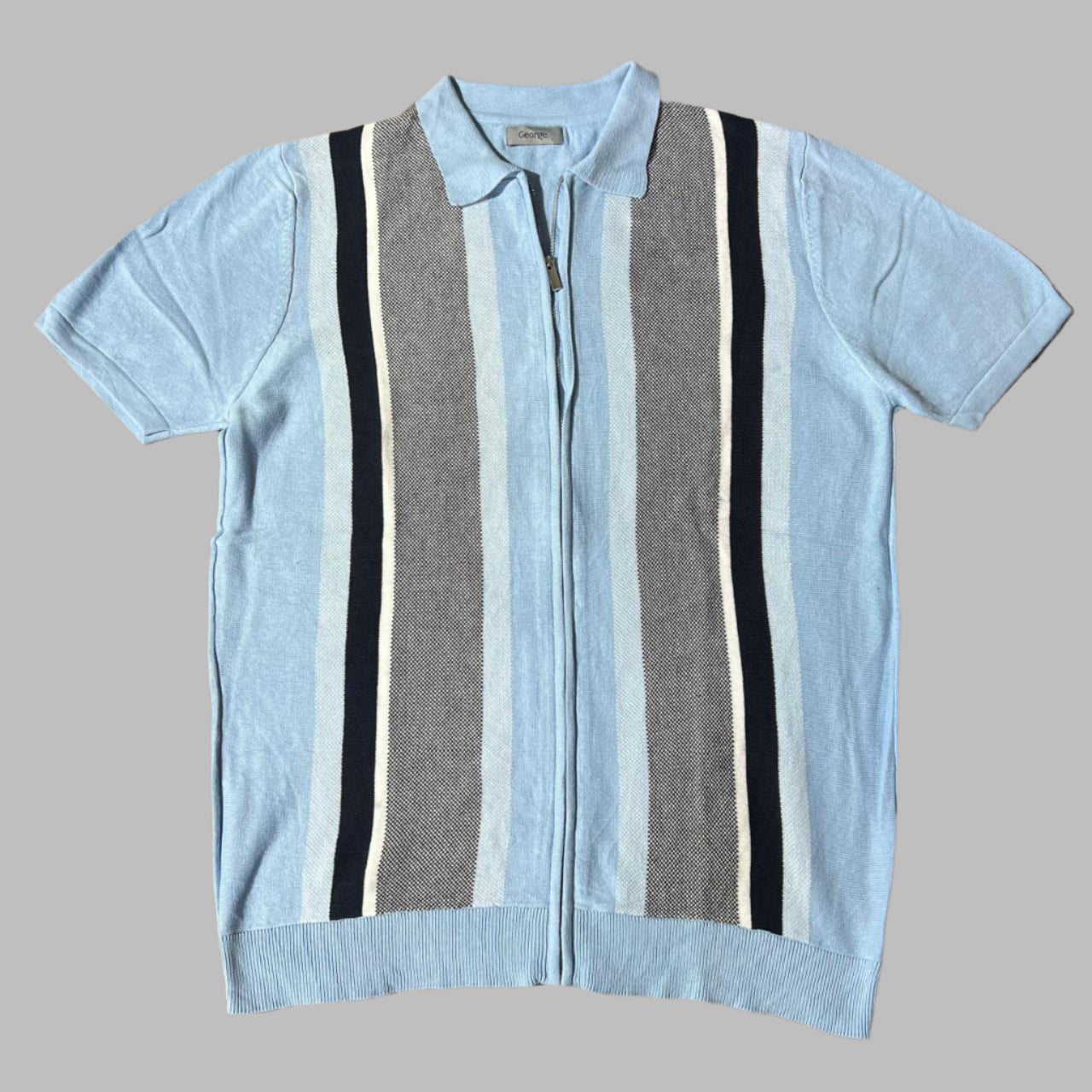 Blue Striped Zipper Half Sleeves Polo