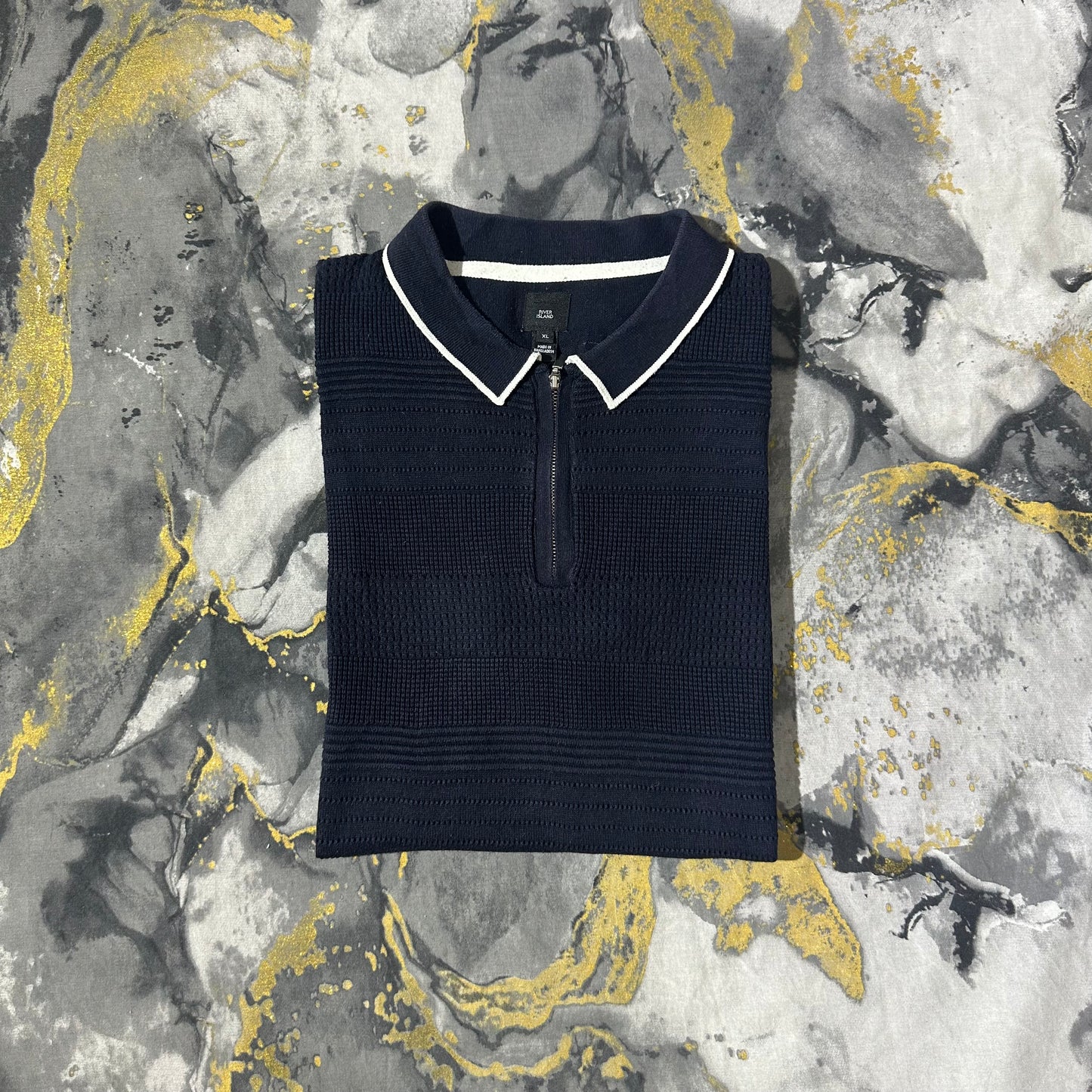 Dark Blue Patterned Knitted Polo
