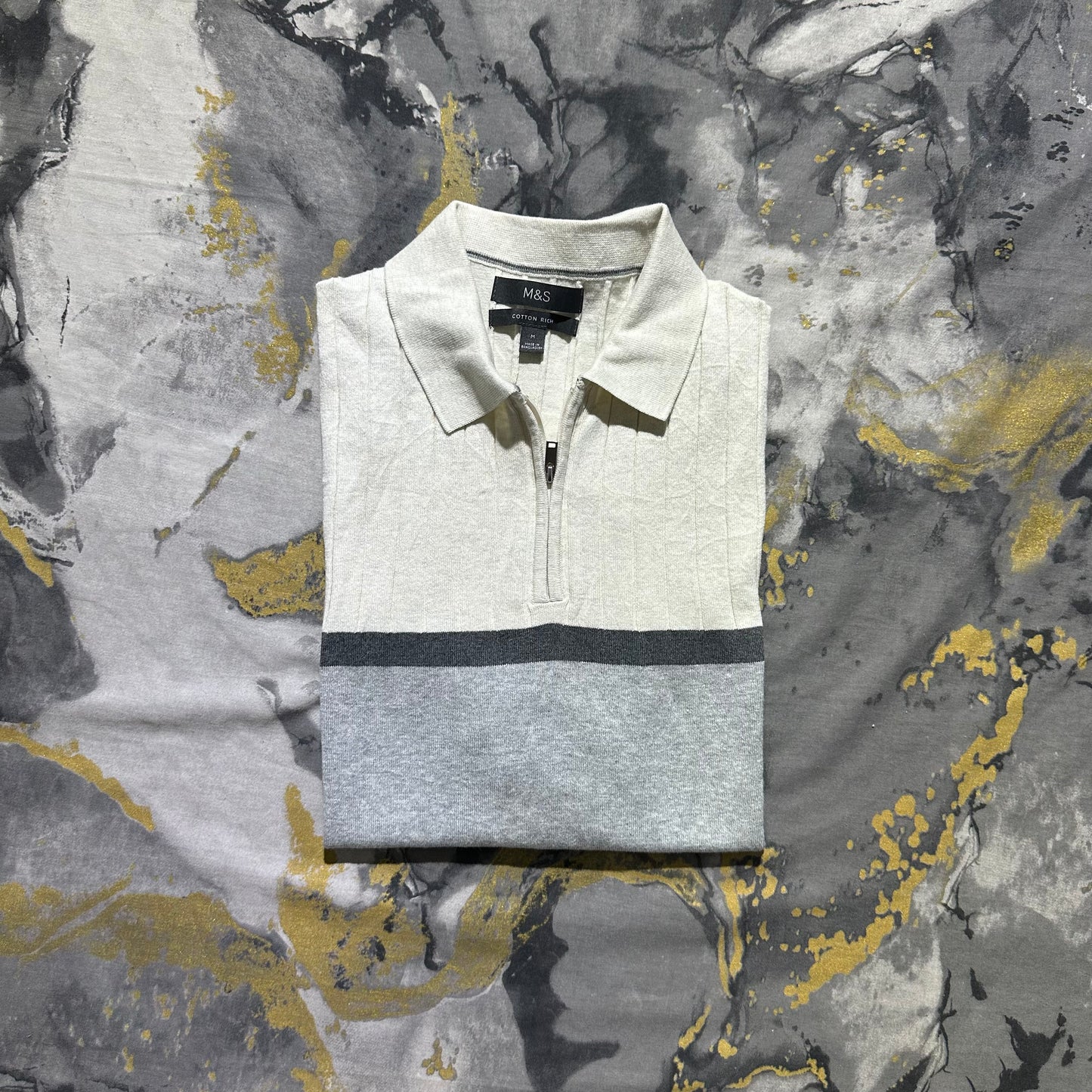 M&S White and Gray Cotton Rich Zipper Knitted Polo