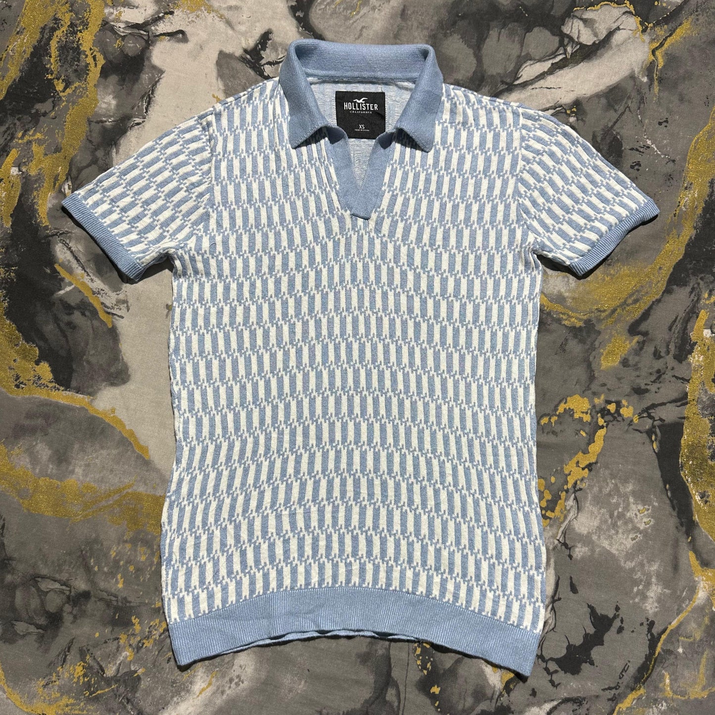 Sky Blue and White Patterned Knitted Busan Collar Polo