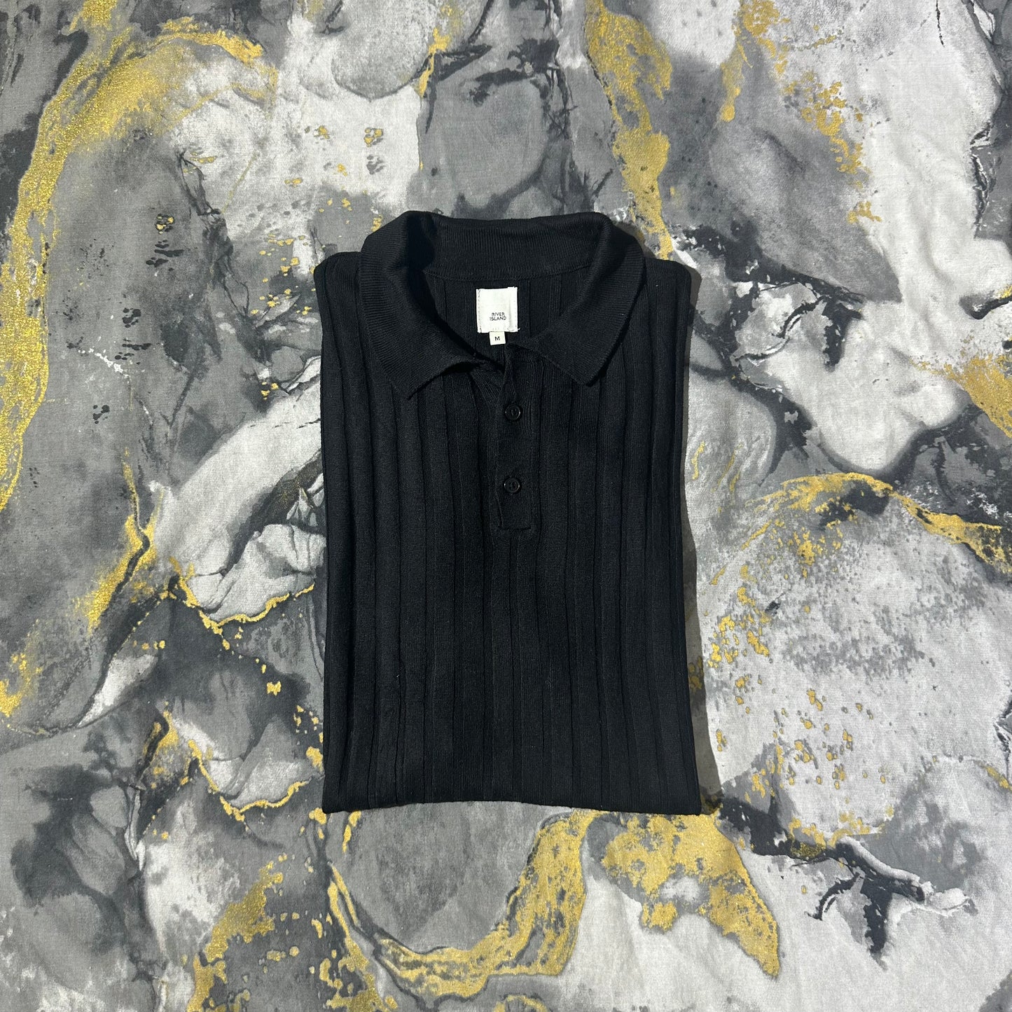 Jet Black Ribbed Knitted Slimfit Polo