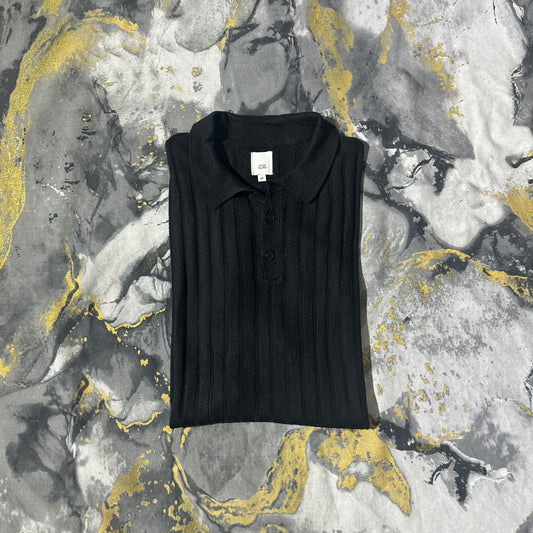 Jet Black Ribbed Knitted Slimfit Polo