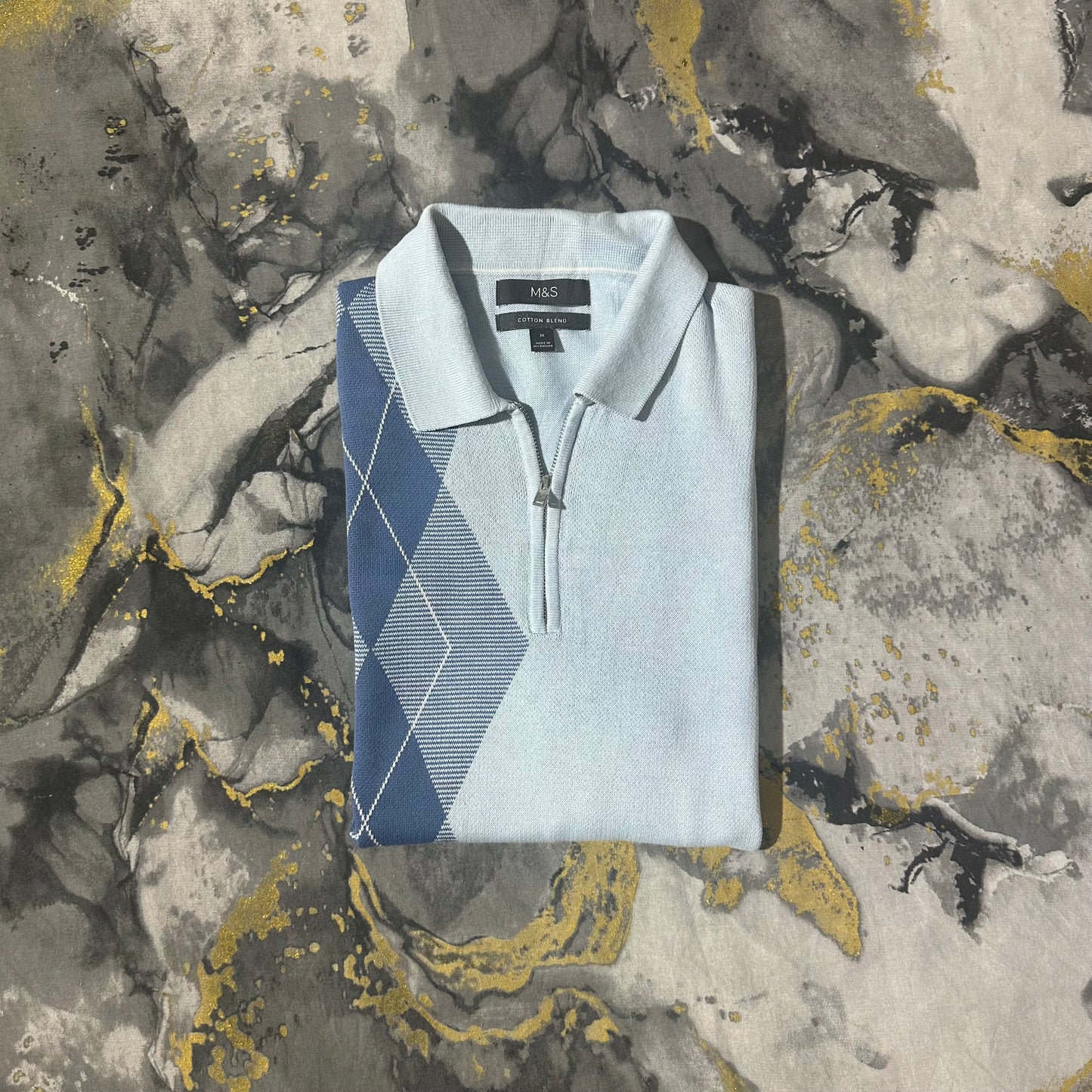 Blue Luxury Cotton Knitted Zipper Polo