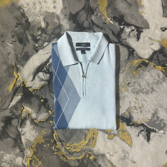 Blue Luxury Cotton Knitted Zipper Polo