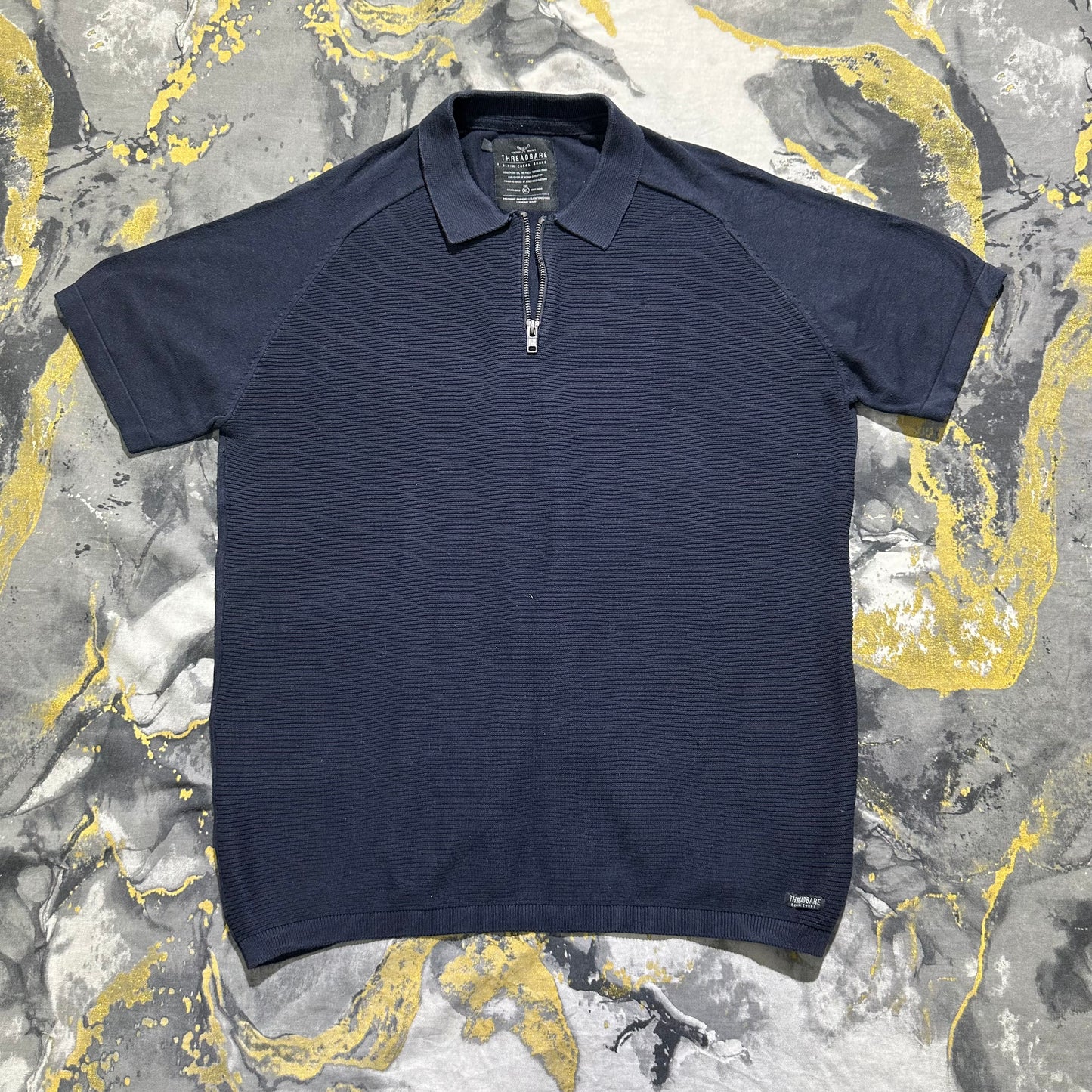 Threadbare Dark Blue Line Pattern Knitted Zipper Polo