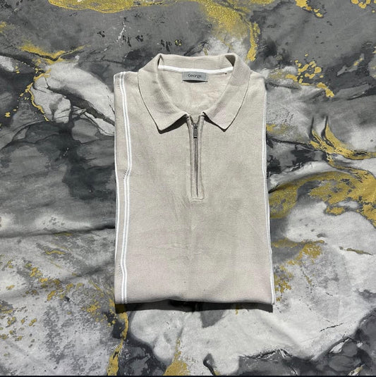 Beige with White Stripes Zipper Polo
