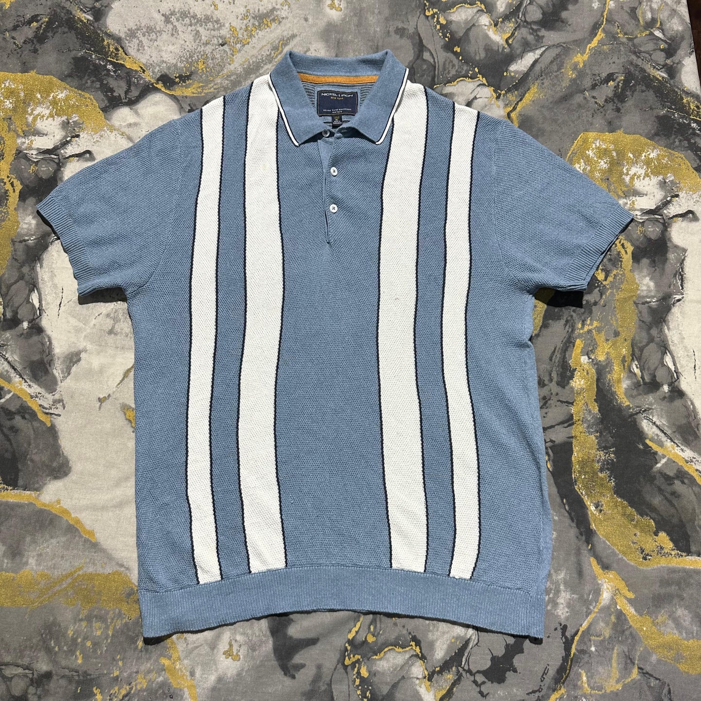 Blue and White Striped Textured Knit Cotton Polo