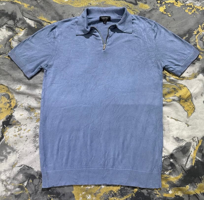 Sky-Blue BoohooMAN Zipper Polo