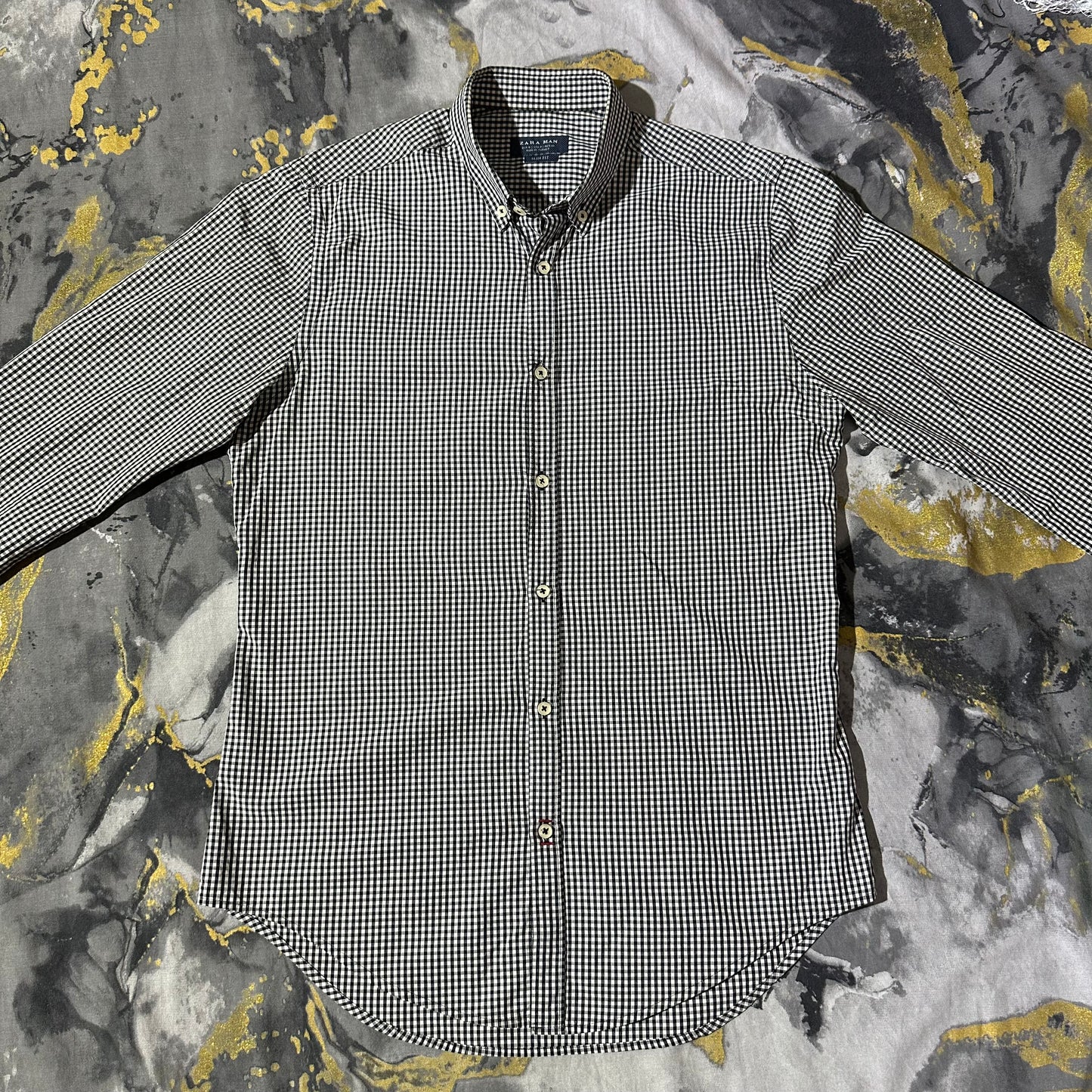 Zara Black & White Checkered French Collar Shirt