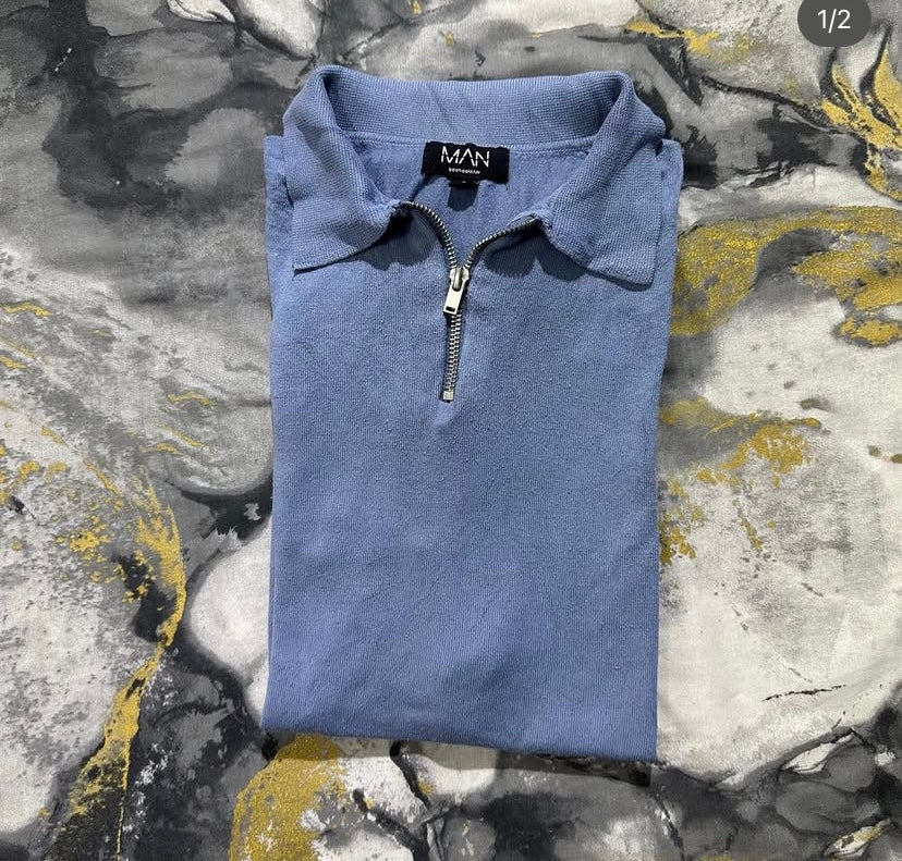 Sky-Blue BoohooMAN Zipper Polo