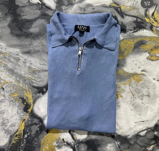 Sky-Blue BoohooMAN Zipper Polo
